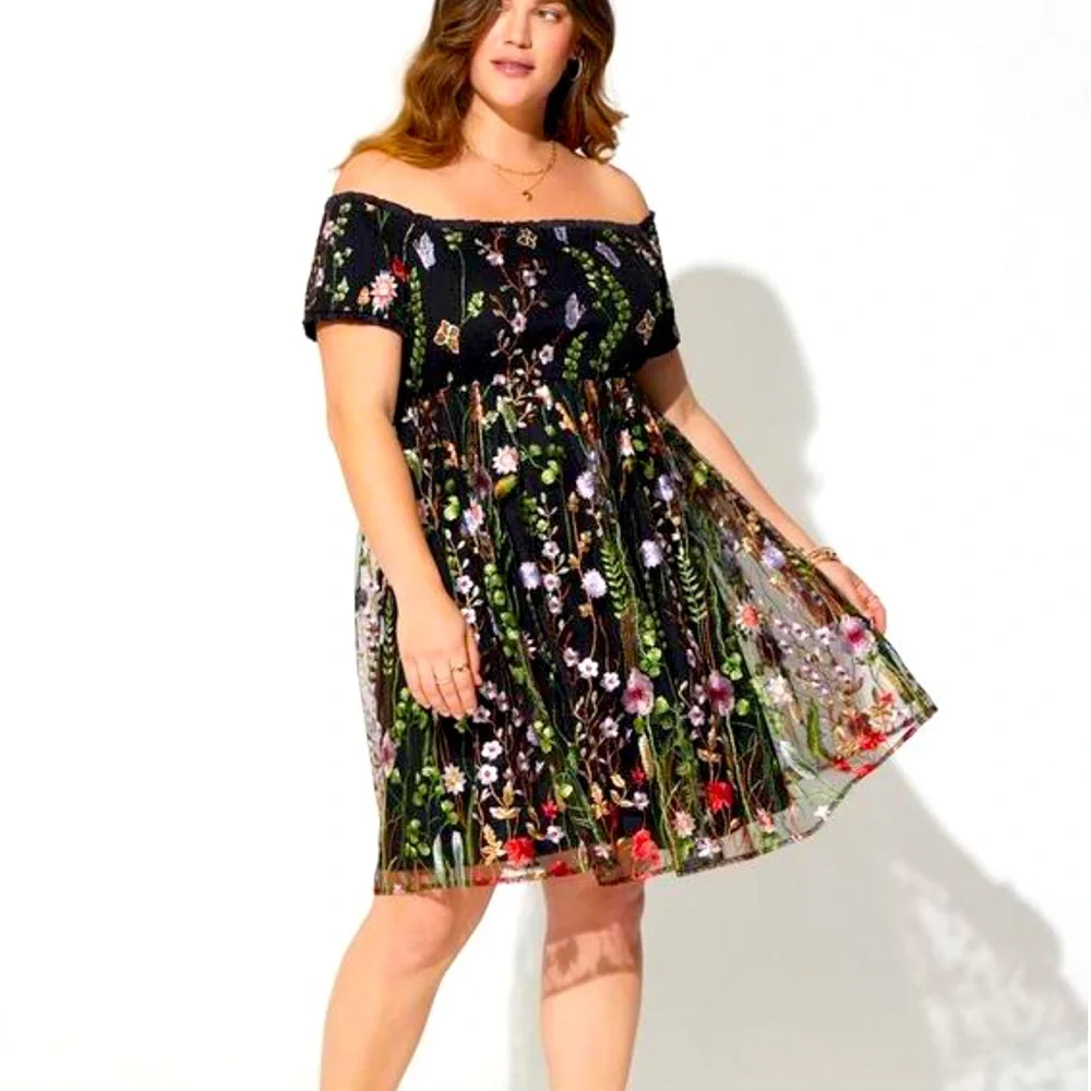 Torrid Black Floral Off-Shoulder mini Dress embroidered sheer size 1x 14 16 - Picture 1 of 11